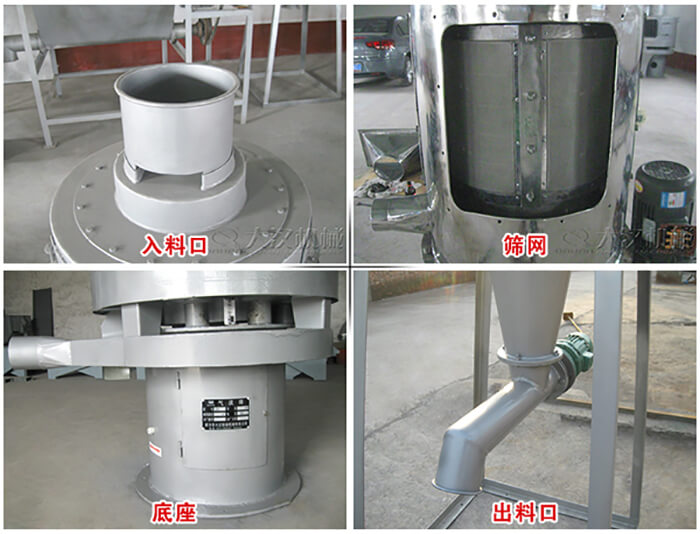 氣流篩部件展示：入料口，篩網，底座，出料口等。