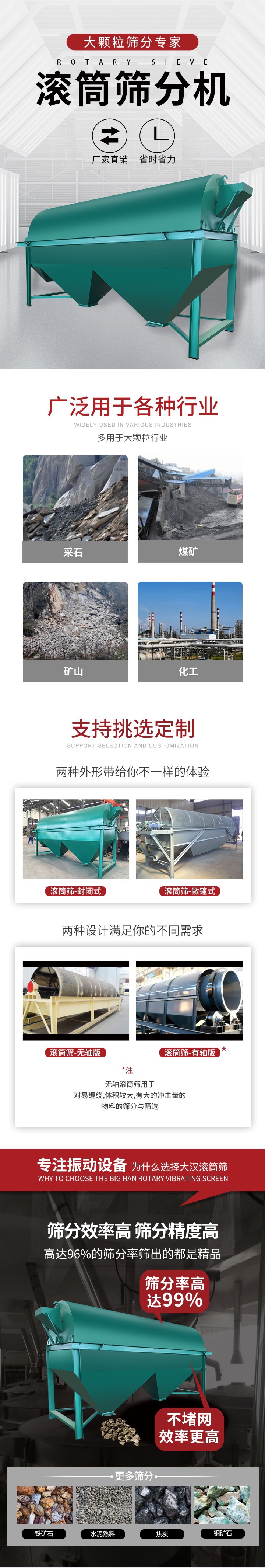 滾筒篩分機大顆粒篩分專家：廠家直銷，省時省力。滾筒篩被廣泛應用各種行業：多用于大顆粒行業例如：采石，煤礦，礦山，化工等。滾筒篩定制類型有哪些：封閉式與敞篷式產品結構分為：無軸式，有軸式兩種，無軸滾筒篩用于對纏繞，體積較大，有大的沖擊量的物料的篩分與篩選。滾筒篩篩分效率高篩分精度能夠達到：96%也比較適用于鐵礦石，水泥熟料，焦炭，銅礦石。滾筒篩特點：不飛粉末：密封隔離罩，密封性好，工作過程不會出現飛粉現象。外型尺寸是按筒體長計